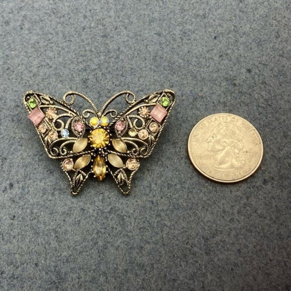 Butterfly Pin Brooch Silver As Is Rhinestone Pink Green Blue Yellow Retro Boho - Picture 3 of 11